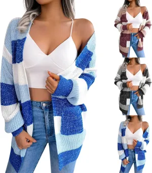 Color Block Cardigan Lantern Sleeve Cable Knit Sweaters with Pockets Baggy Checkered Open Front Cardigan