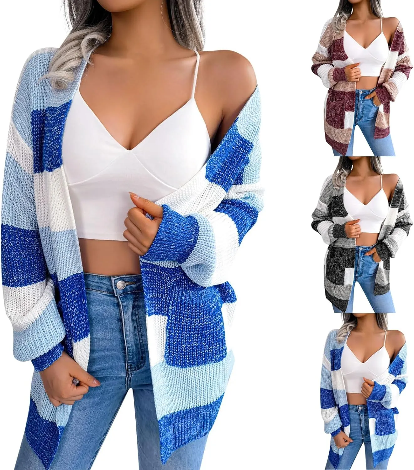 Color Block Cardigan Lantern Sleeve Cable Knit Sweaters with Pockets Baggy Checkered Open Front Cardigan