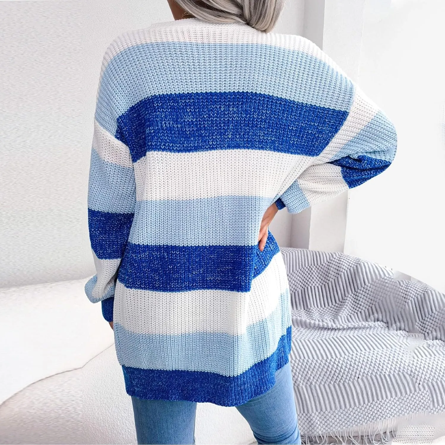 Color Block Cardigan Lantern Sleeve Cable Knit Sweaters with Pockets Baggy Checkered Open Front Cardigan