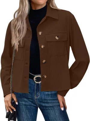 Corduroy Jacket Women Trendy Button Down Shacket Cropped Jacket Soft Long Sleeve Fall Outerwear with Pockets