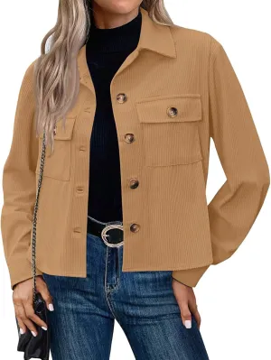 Corduroy Jacket Women Trendy Button Down Shacket Cropped Jacket Soft Long Sleeve Fall Outerwear with Pockets