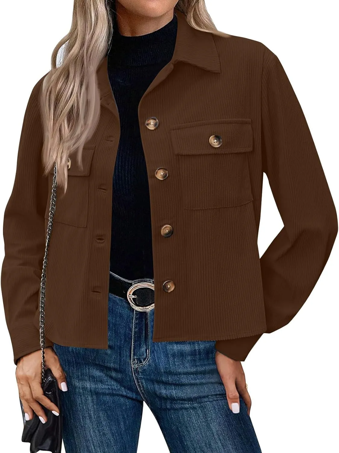 Corduroy Jacket Women Trendy Button Down Shacket Cropped Jacket Soft Long Sleeve Fall Outerwear with Pockets