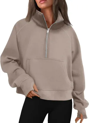Cropped Sweatshirts for Women Half Zip Preppy Sweatshirt Fleece Lightweight Sweatshirts with Pockets Batwing Sweaters
