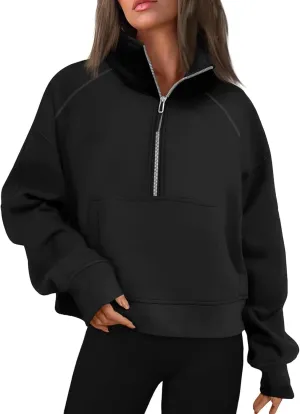 Cropped Sweatshirts for Women Half Zip Preppy Sweatshirt Fleece Lightweight Sweatshirts with Pockets Batwing Sweaters