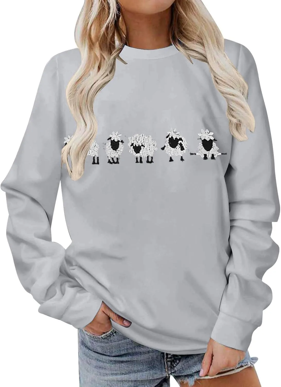 Cute Farm Animal Sweatshirt for Womens Funny Cute Sheep Animal Graphic Shirts Long Sleeve Crewneck Pullover Tops