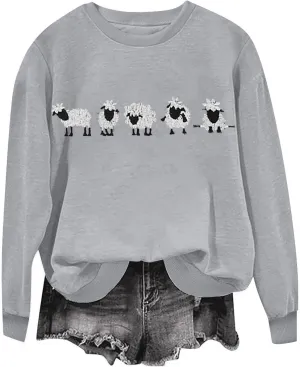 Cute Farm Animal Sweatshirt for Womens Funny Cute Sheep Animal Graphic Shirts Long Sleeve Crewneck Pullover Tops