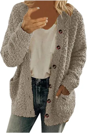 DDAPJ pyju Womens Popcorn Cardigan Sweaters Casual Button Down Sherpa Jacket Fall Winter Fuzzy Oversized Coats with Pockets