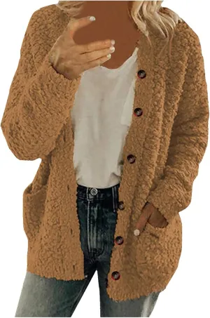 DDAPJ pyju Womens Popcorn Cardigan Sweaters Casual Button Down Sherpa Jacket Fall Winter Fuzzy Oversized Coats with Pockets