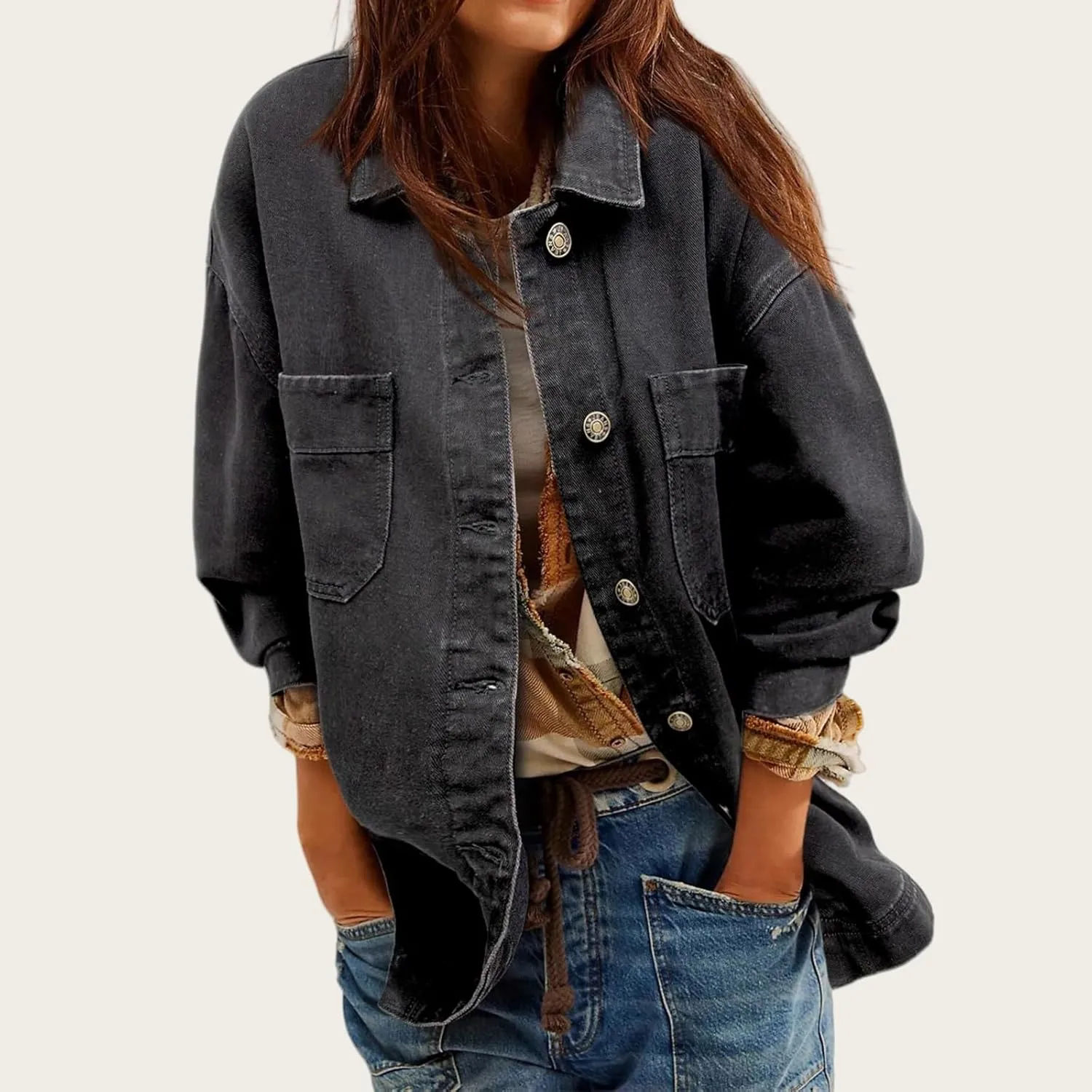 Denim Jackets for Women Oversized Boyfriend Long Sleeve Button Down Shirt Casual Loose Jean Jackets Coat