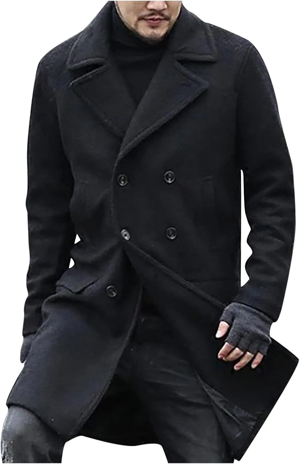 Dgoopd Mens Long Overcoat Oversized Notched Long Wool Blend Trench Coat Single Breasted Knee Length Lapel Winter Jacket