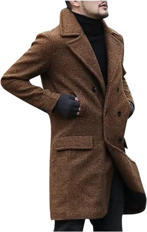 Dgoopd Mens Long Overcoat Oversized Notched Long Wool Blend Trench Coat Single Breasted Knee Length Lapel Winter Jacket