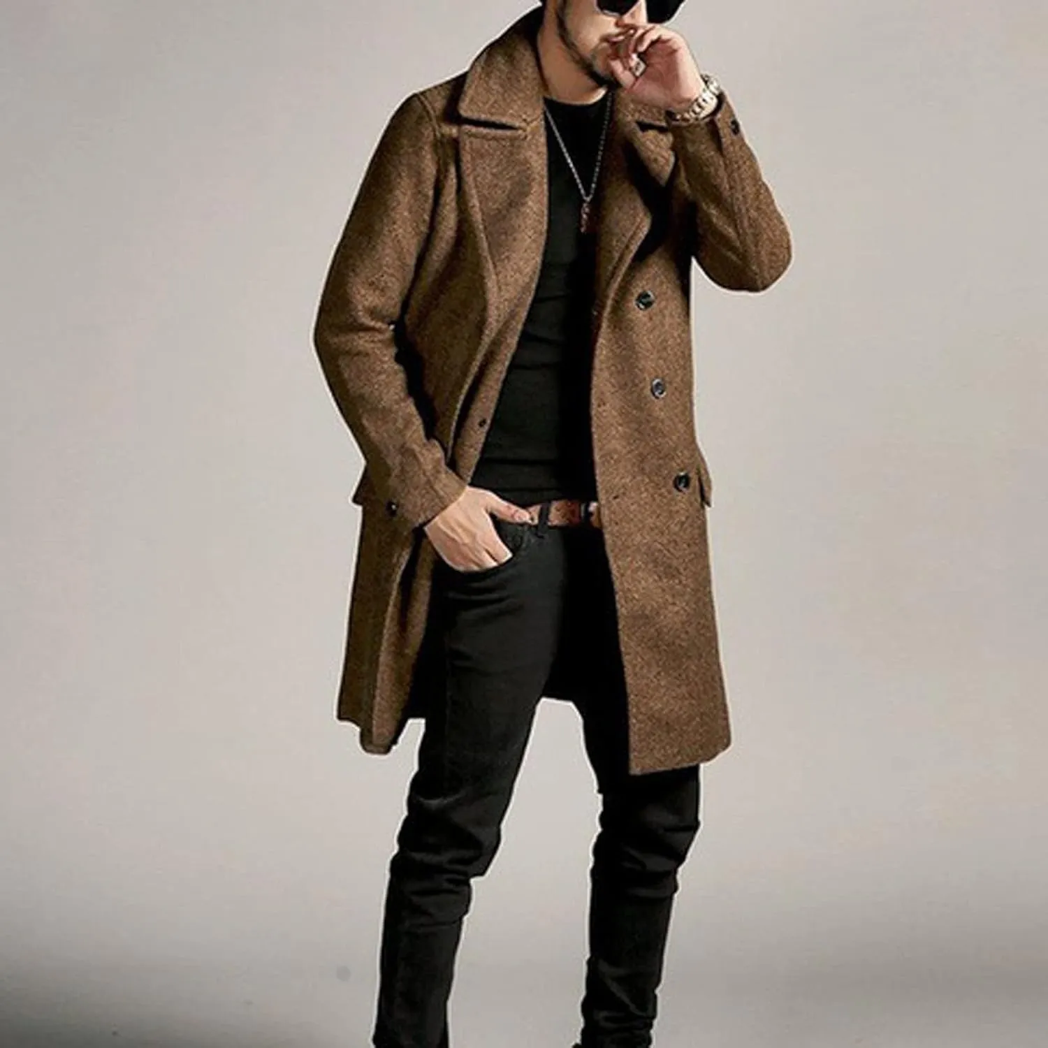 Dgoopd Mens Long Overcoat Oversized Notched Long Wool Blend Trench Coat Single Breasted Knee Length Lapel Winter Jacket