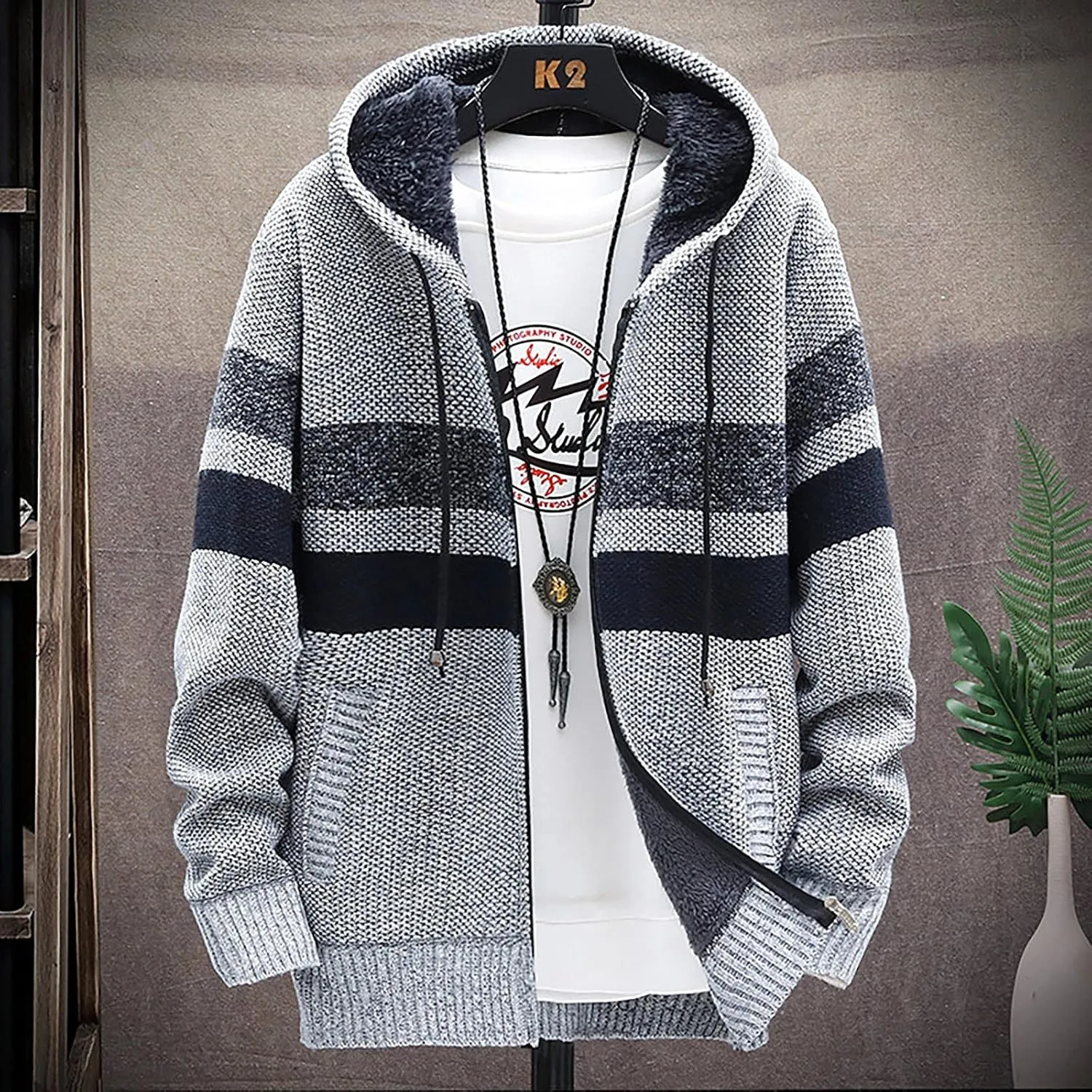 DuDubaby Men's Fall And Winter Casual Sweater Jacket Warm Knit Sweater Hooded Hoodie
