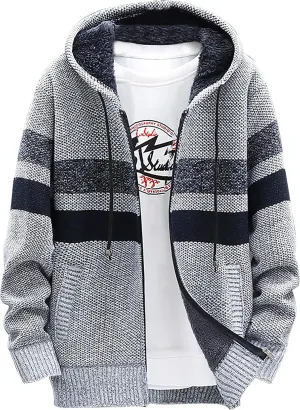 DuDubaby Men's Fall And Winter Casual Sweater Jacket Warm Knit Sweater Hooded Hoodie