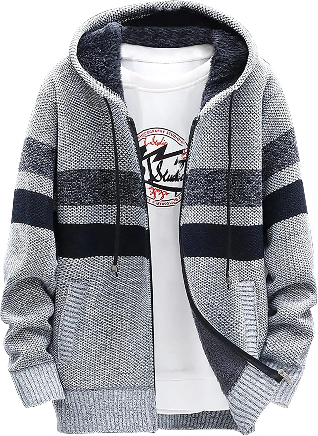 DuDubaby Men's Fall And Winter Casual Sweater Jacket Warm Knit Sweater Hooded Hoodie
