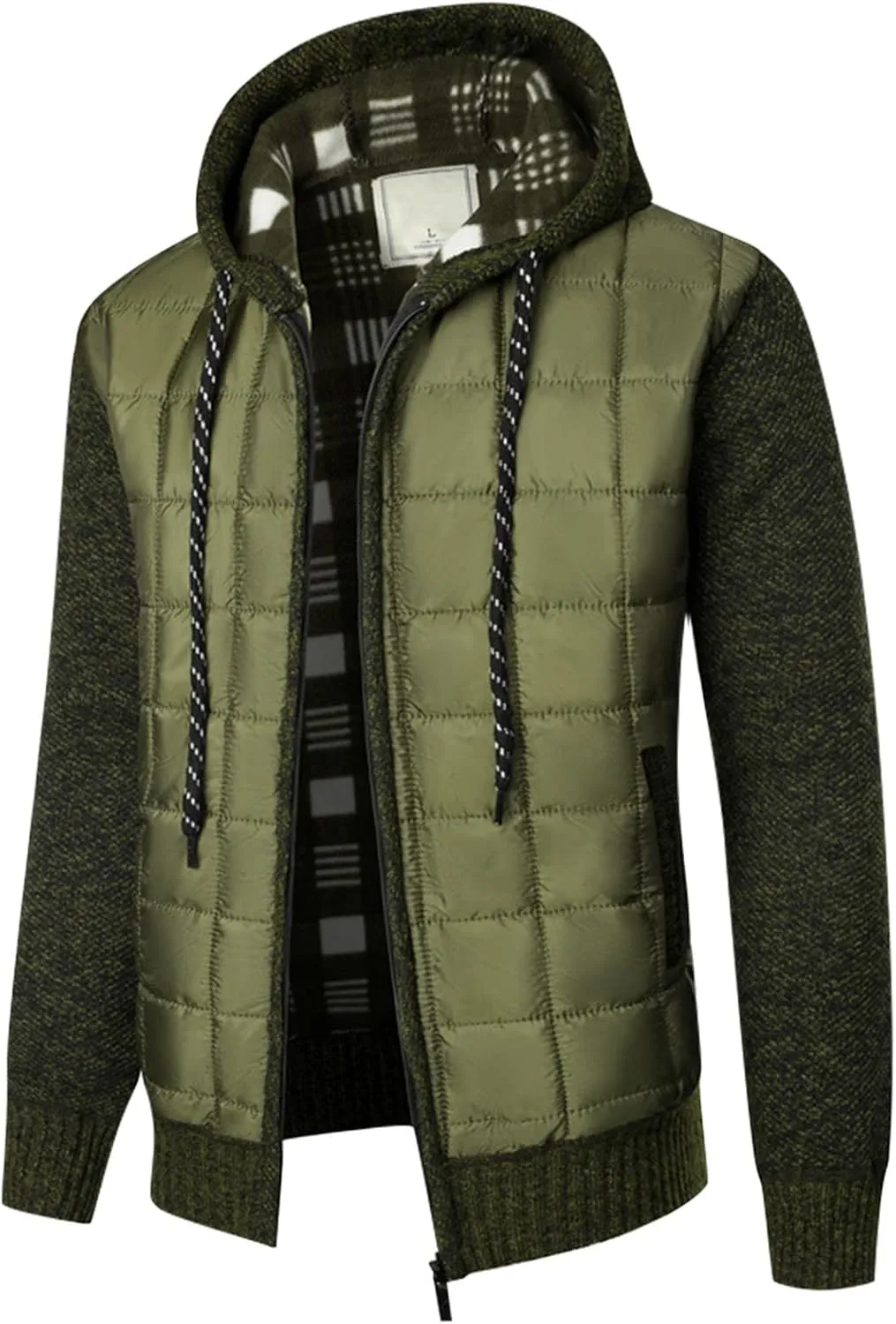 DuDubaby Men's Hooded Plush Plaid Knitting Drawstring Coat Sweater Warm Solid Color Jackets Tops