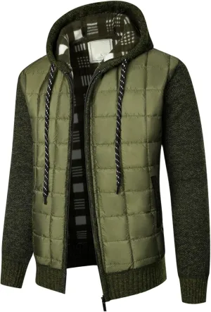 DuDubaby Men's Hooded Plush Plaid Knitting Drawstring Coat Sweater Warm Solid Color Jackets Tops