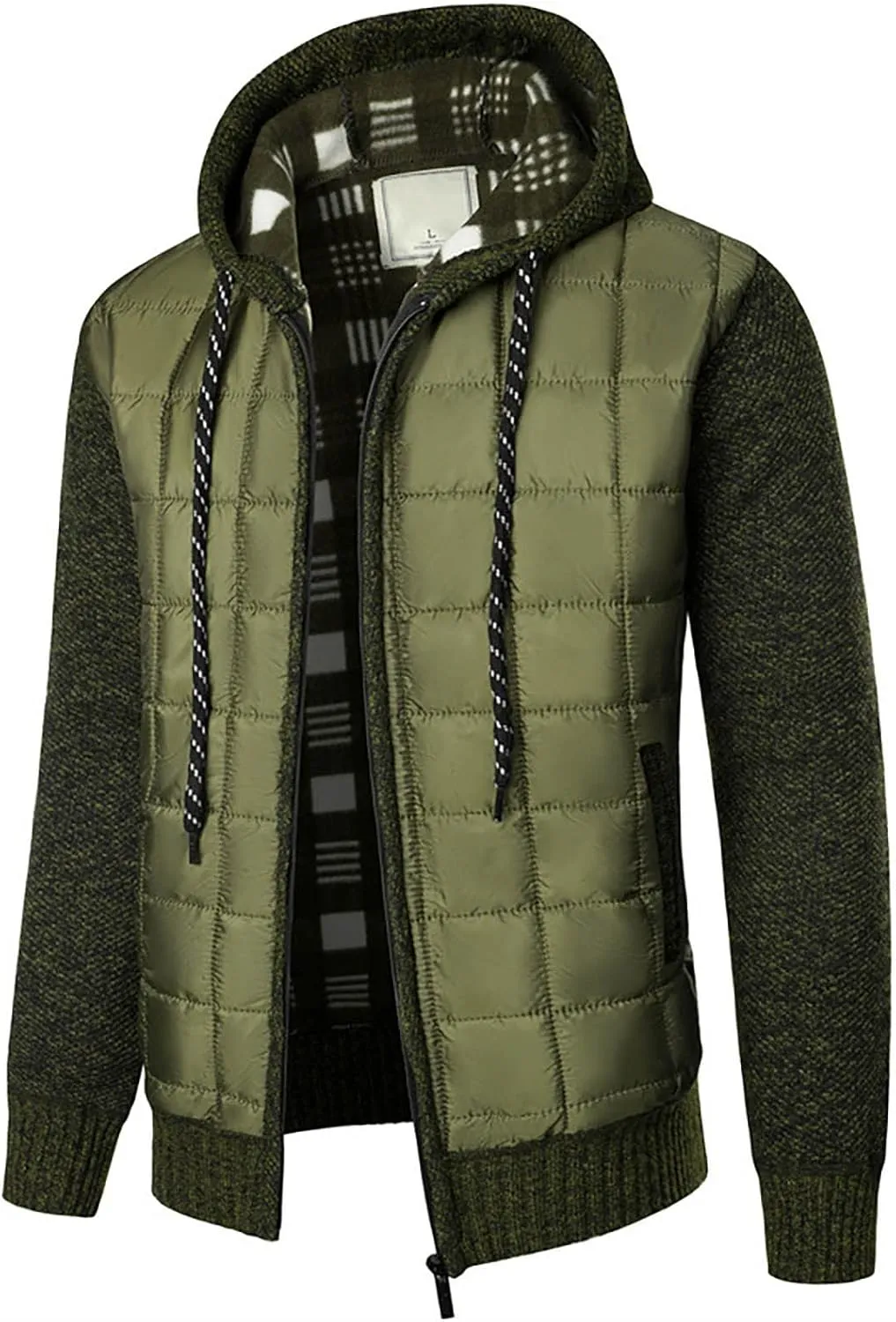 DuDubaby Men's Hooded Plush Plaid Knitting Drawstring Coat Sweater Warm Solid Color Jackets Tops