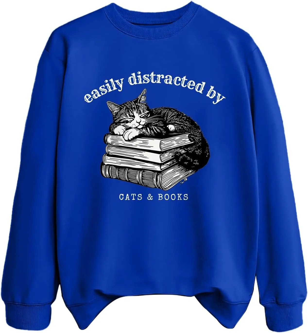 Easily Distracted By Cats And Books Sweatshirt for Women Long Sleeve Crewneck Oversized Pullower 2025 Trendy Tops
