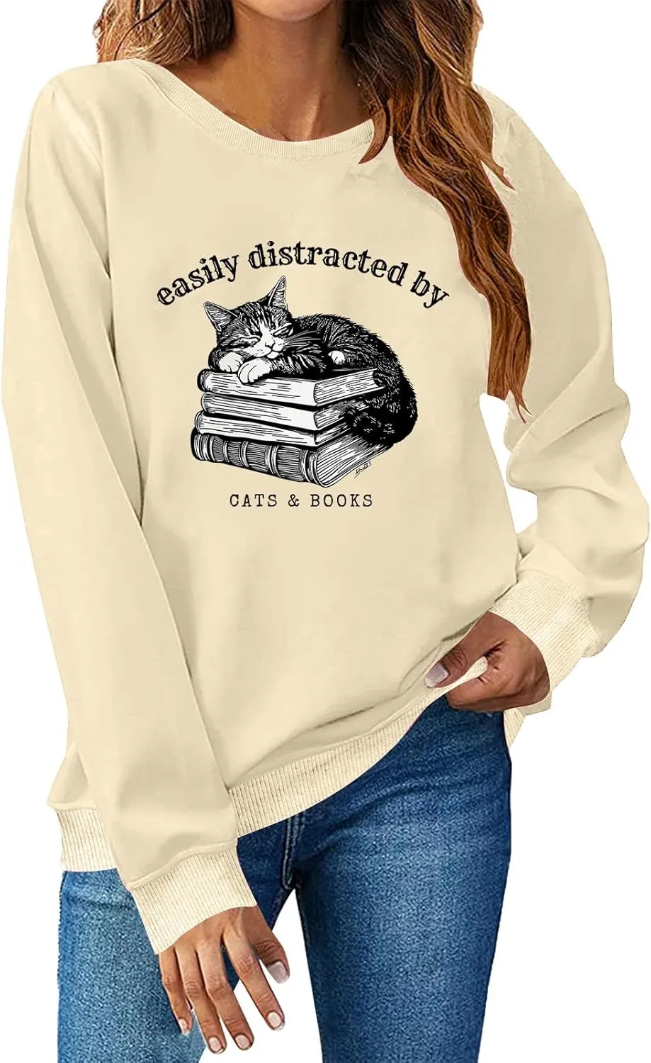 Easily Distracted By Cats And Books Sweatshirt for Women Long Sleeve Crewneck Oversized Pullower 2025 Trendy Tops