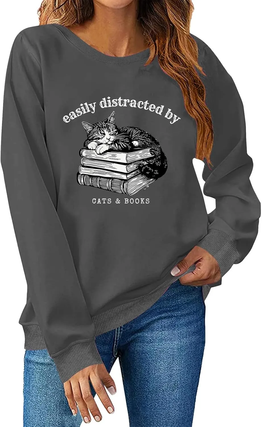 Easily Distracted By Cats And Books Sweatshirt for Women Long Sleeve Crewneck Oversized Pullower 2025 Trendy Tops