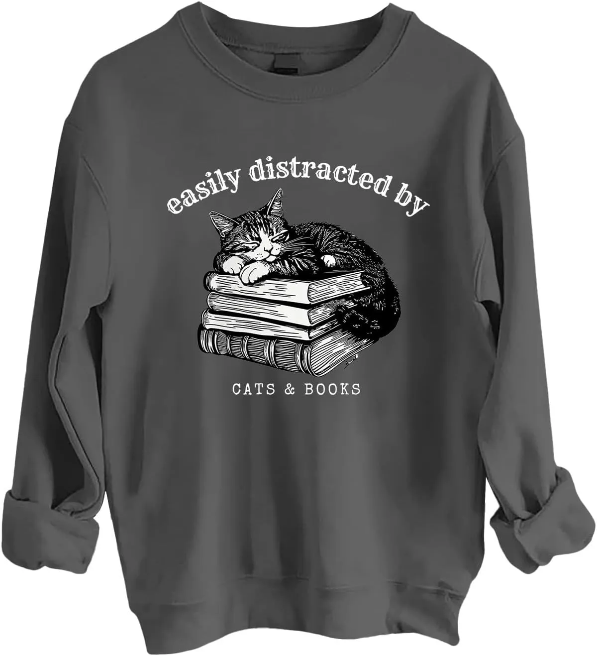 Easily Distracted By Cats And Books Sweatshirt for Women Long Sleeve Crewneck Oversized Pullower 2025 Trendy Tops