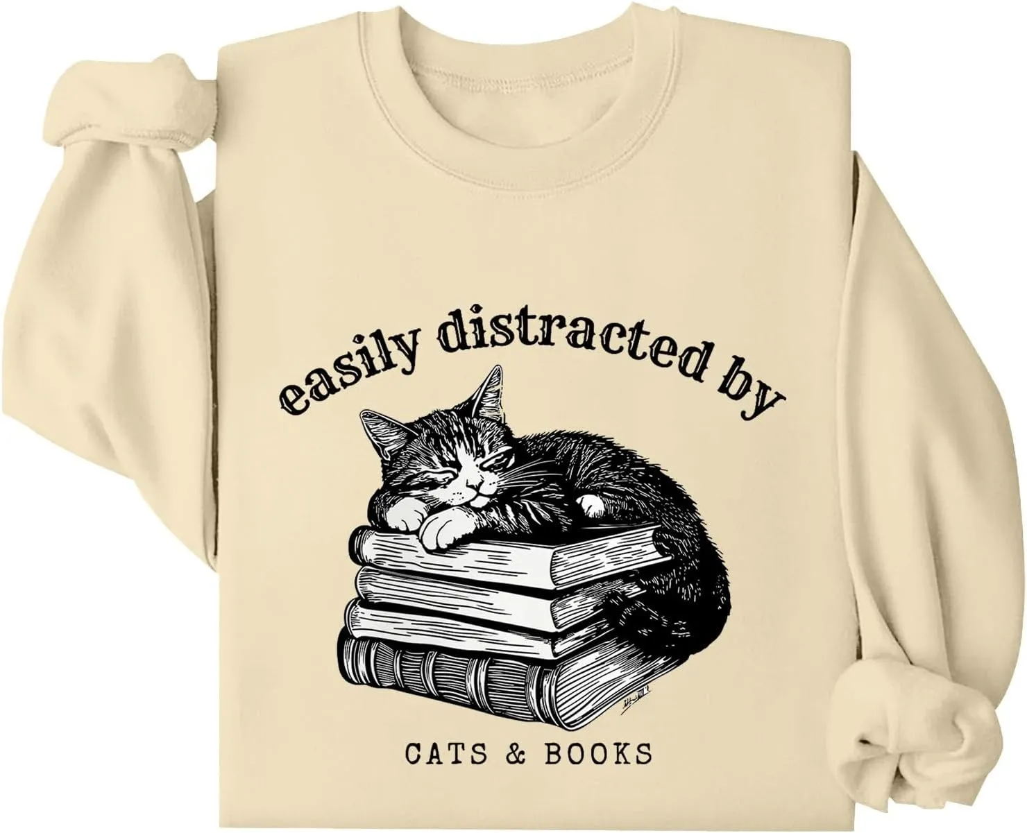 Easily Distracted By Cats And Books Sweatshirt for Women Long Sleeve Crewneck Oversized Pullower 2025 Trendy Tops