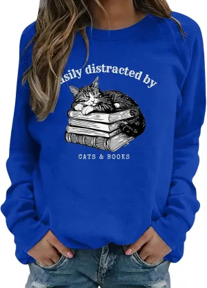 Easily Distracted By Cats And Books Sweatshirt for Women Long Sleeve Crewneck Oversized Pullower 2025 Trendy Tops
