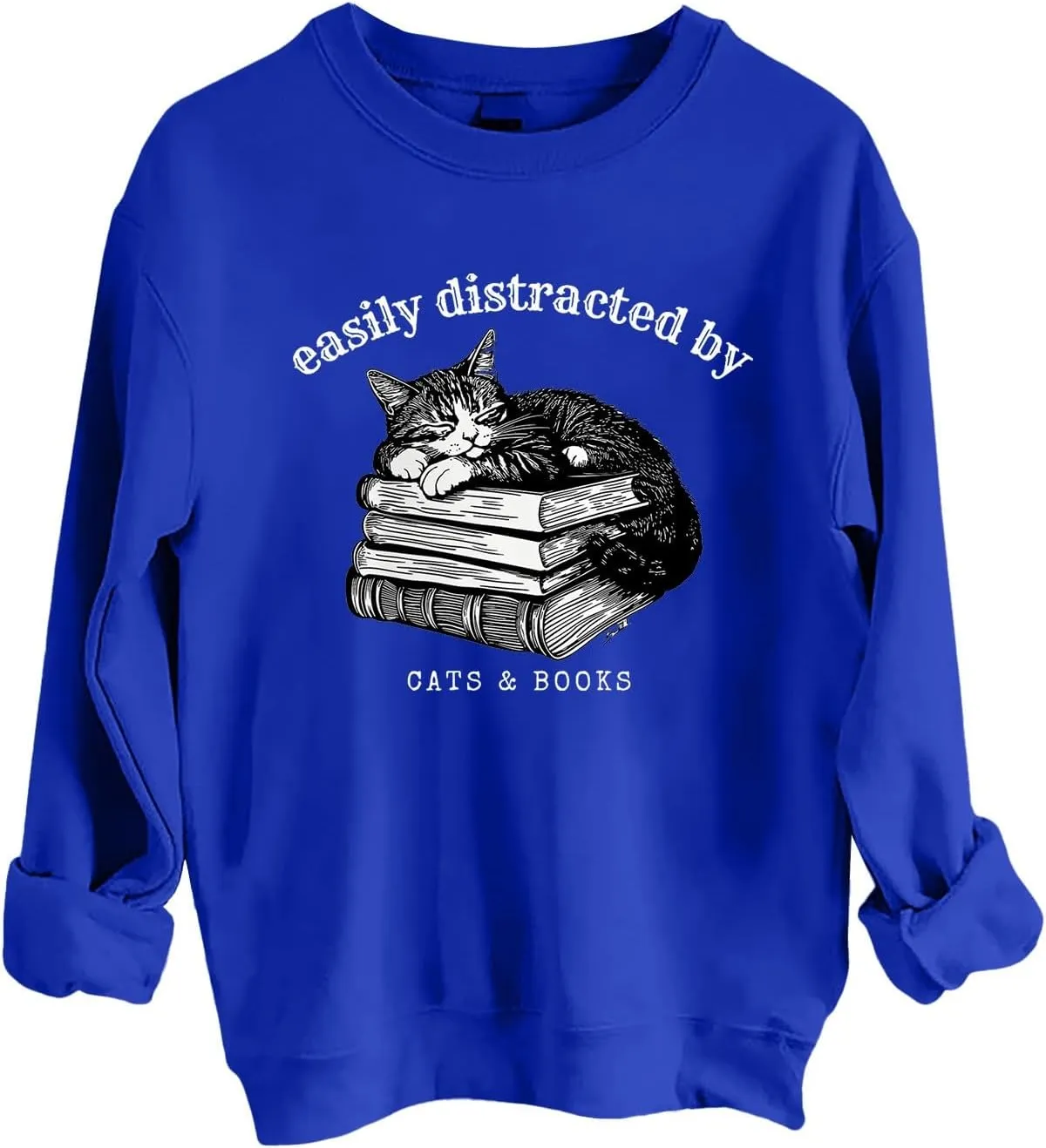 Easily Distracted By Cats And Books Sweatshirt for Women Long Sleeve Crewneck Oversized Pullower 2025 Trendy Tops