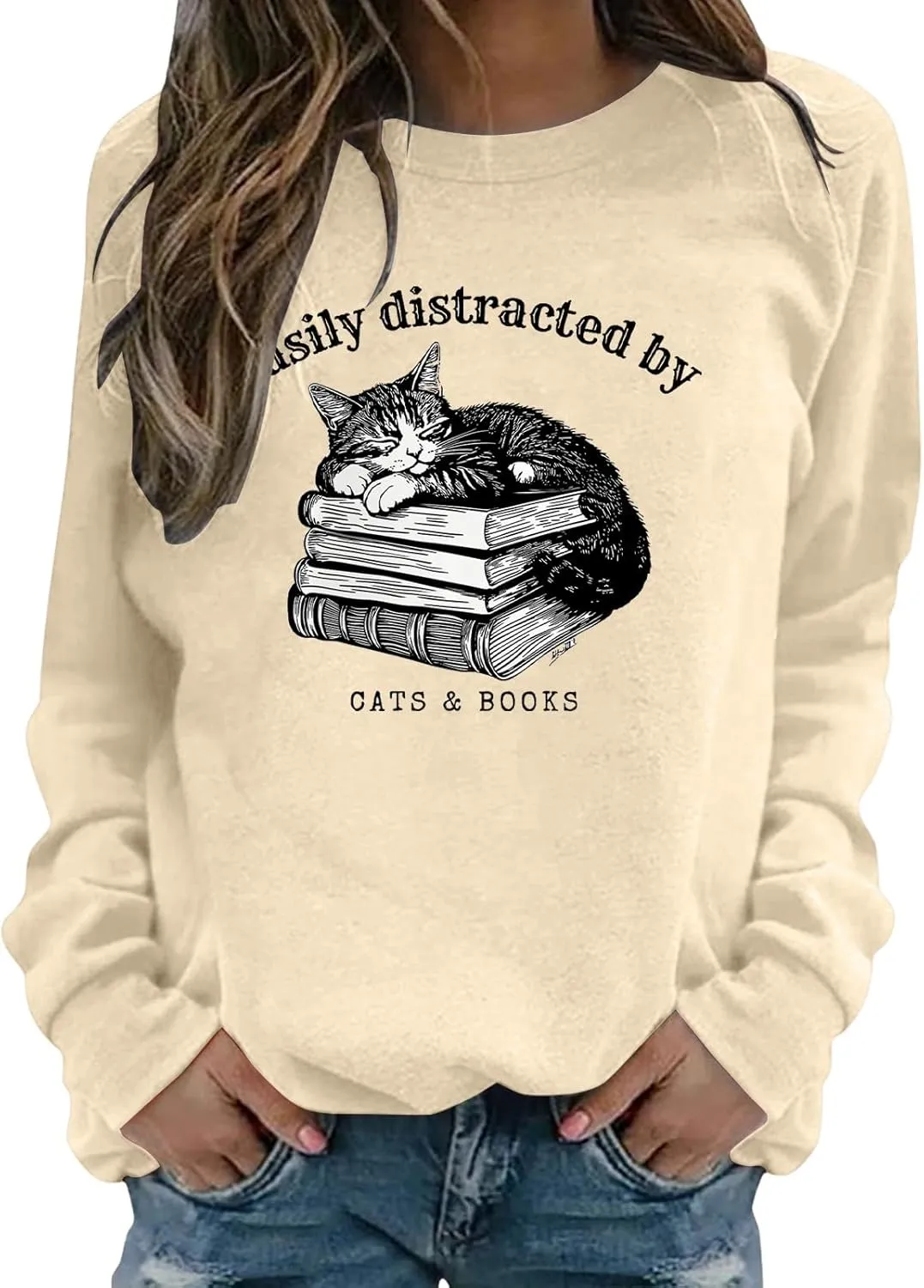 Easily Distracted By Cats And Books Sweatshirt for Women Long Sleeve Crewneck Oversized Pullower 2025 Trendy Tops