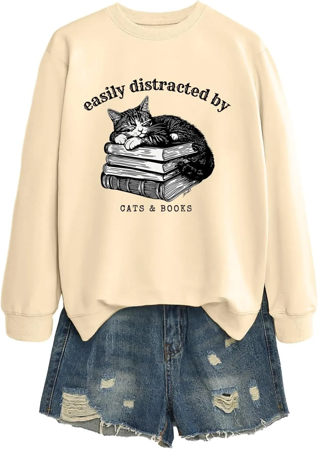 Easily Distracted By Cats And Books Sweatshirt for Women Long Sleeve Crewneck Oversized Pullower 2025 Trendy Tops