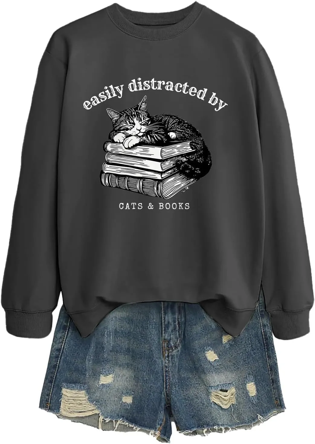 Easily Distracted By Cats And Books Sweatshirt for Women Long Sleeve Crewneck Oversized Pullower 2025 Trendy Tops