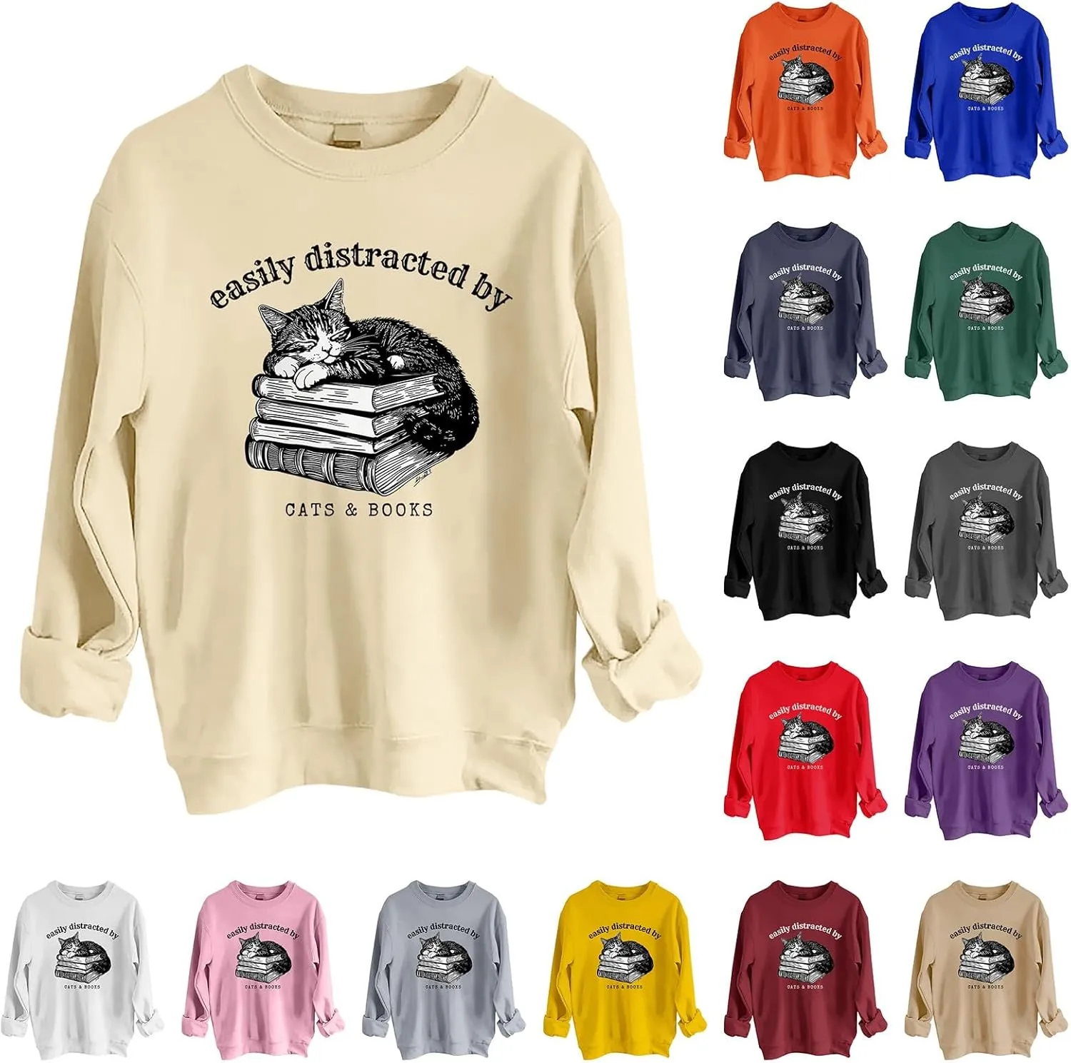 Easily Distracted By Cats And Books Sweatshirt for Women Long Sleeve Crewneck Oversized Pullower 2025 Trendy Tops