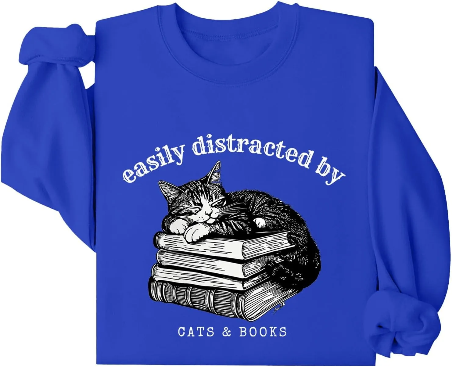 Easily Distracted By Cats And Books Sweatshirt for Women Long Sleeve Crewneck Oversized Pullower 2025 Trendy Tops