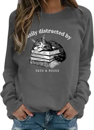 Easily Distracted By Cats And Books Sweatshirt for Women Long Sleeve Crewneck Oversized Pullower 2025 Trendy Tops