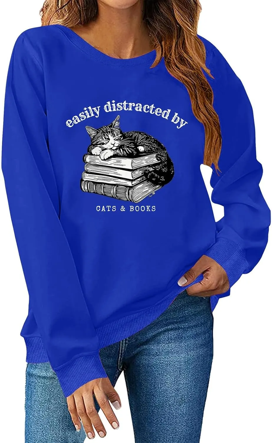 Easily Distracted By Cats And Books Sweatshirt for Women Long Sleeve Crewneck Oversized Pullower 2025 Trendy Tops