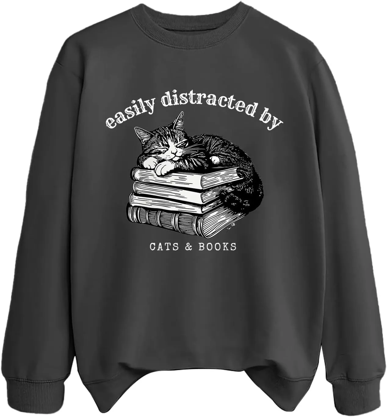 Easily Distracted By Cats And Books Sweatshirt for Women Long Sleeve Crewneck Oversized Pullower 2025 Trendy Tops