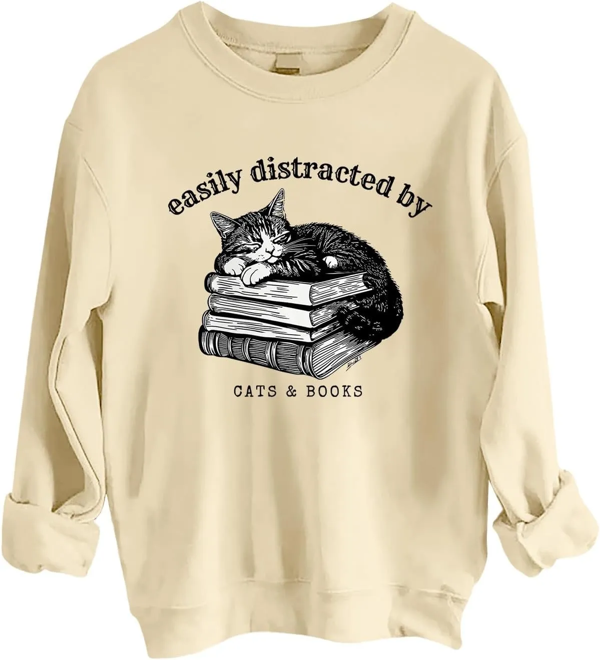 Easily Distracted By Cats And Books Sweatshirt for Women Long Sleeve Crewneck Oversized Pullower 2025 Trendy Tops