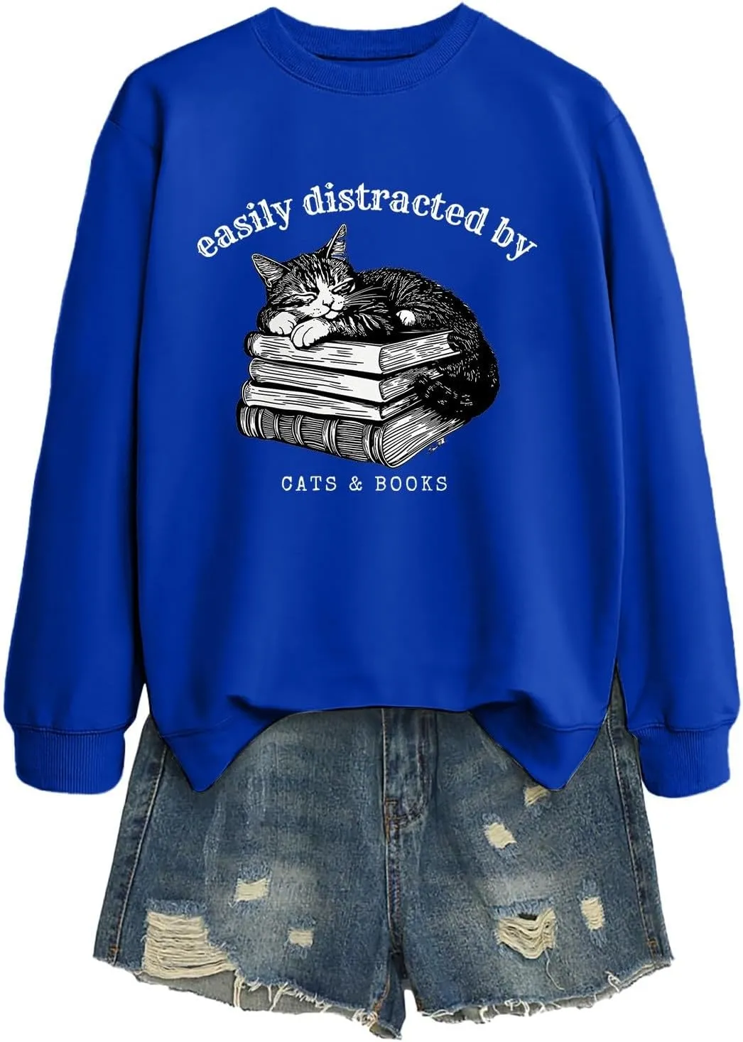 Easily Distracted By Cats And Books Sweatshirt for Women Long Sleeve Crewneck Oversized Pullower 2025 Trendy Tops