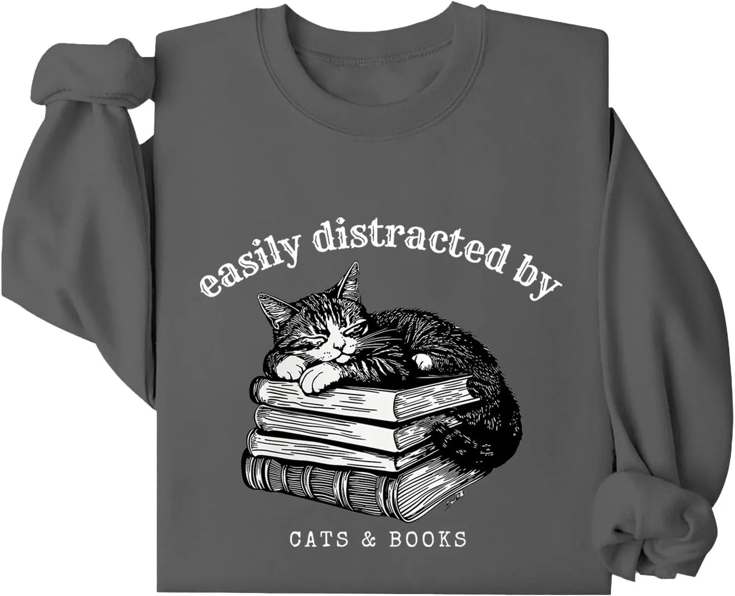 Easily Distracted By Cats And Books Sweatshirt for Women Long Sleeve Crewneck Oversized Pullower 2025 Trendy Tops