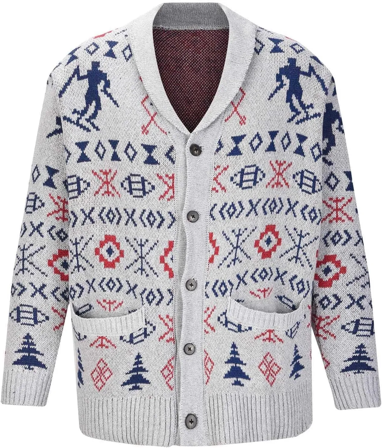Ethnic Pattern Sweater Men Vintage Cardigan Sweater V Neck Button Down Sweaters Lightweight Knit Cardigan with Pocket