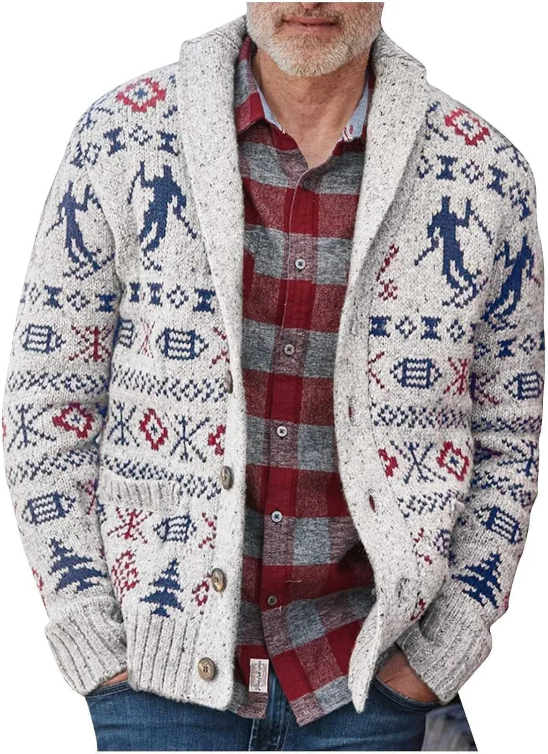 Ethnic Pattern Sweater Men Vintage Cardigan Sweater V Neck Button Down Sweaters Lightweight Knit Cardigan with Pocket