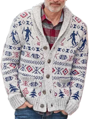 Ethnic Pattern Sweater Men Vintage Cardigan Sweater V Neck Button Down Sweaters Lightweight Knit Cardigan with Pocket
