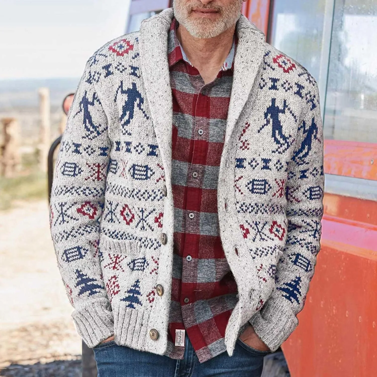 Ethnic Pattern Sweater Men Vintage Cardigan Sweater V Neck Button Down Sweaters Lightweight Knit Cardigan with Pocket