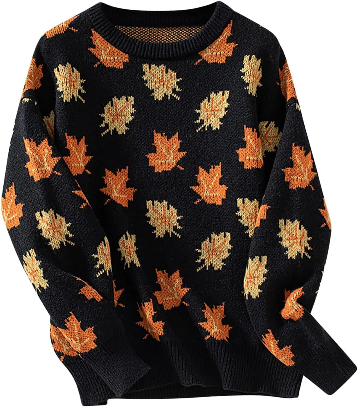 Fall Sweaters for Women 2024 Maple Leaf Print Knit Sweater Casual Crewneck Pullover Tops Fashion Cozy Ribbed Outfits