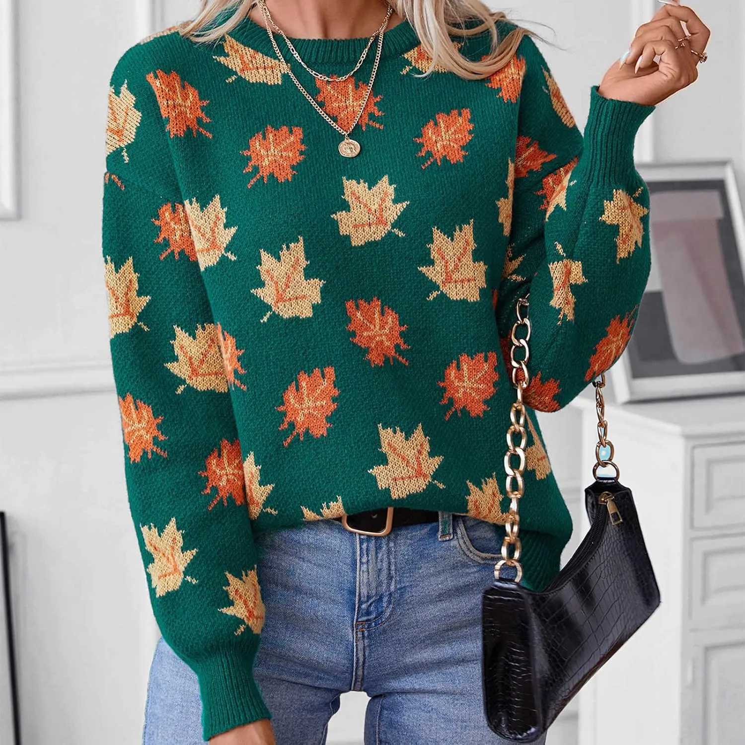 Fall Sweaters for Women 2024 Maple Leaf Print Knit Sweater Casual Crewneck Pullover Tops Fashion Cozy Ribbed Outfits