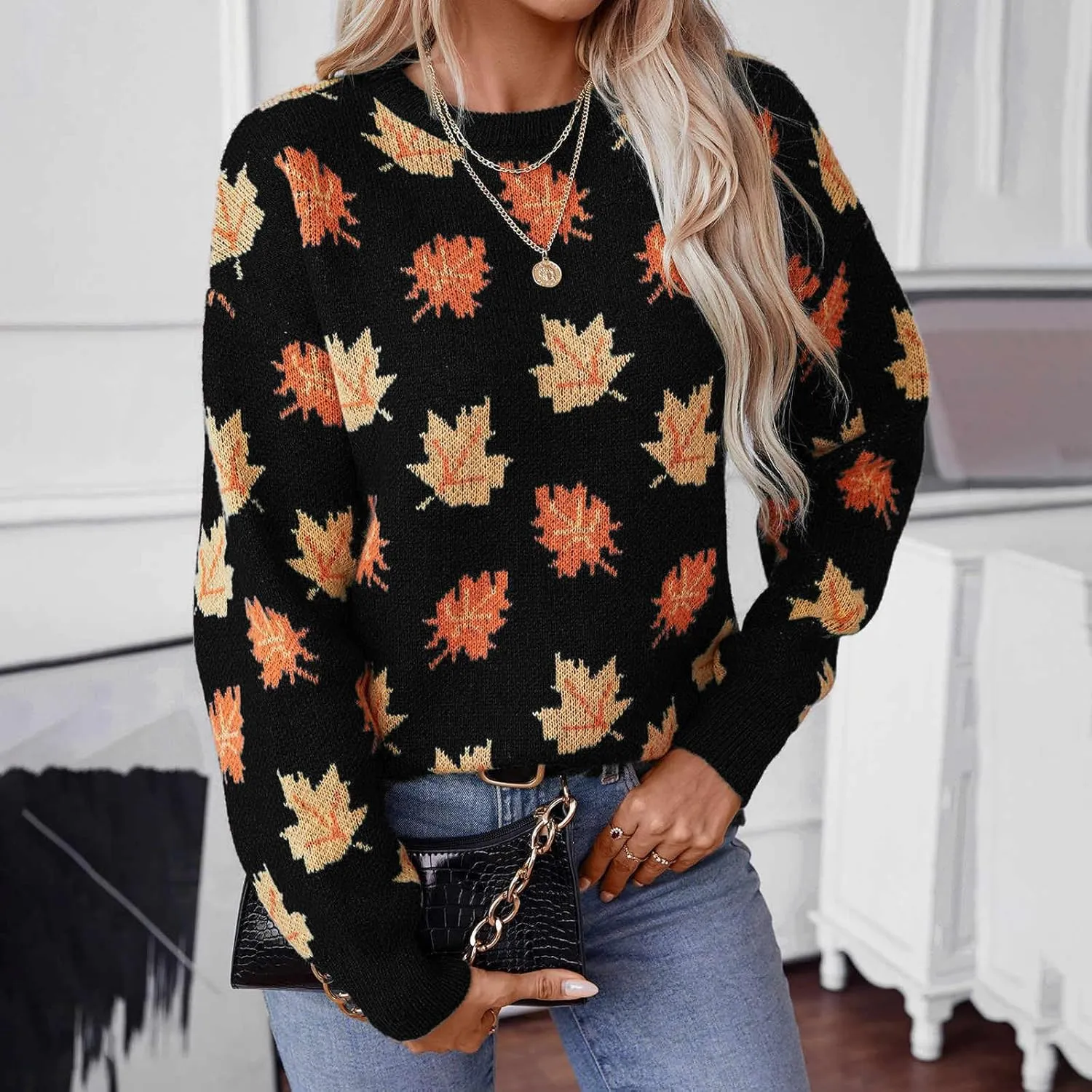 Fall Sweaters for Women 2024 Maple Leaf Print Knit Sweater Casual Crewneck Pullover Tops Fashion Cozy Ribbed Outfits