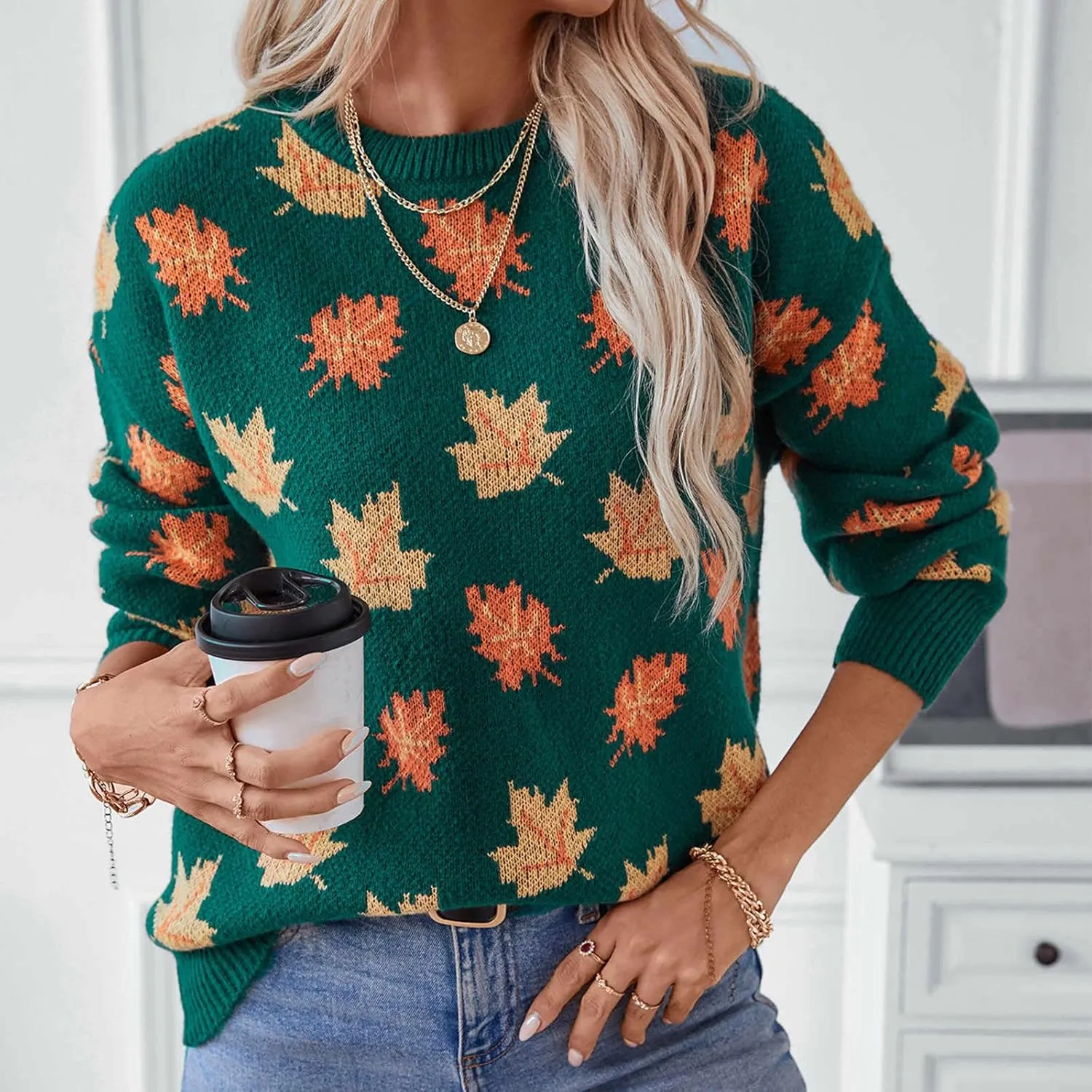 Fall Sweaters for Women 2024 Maple Leaf Print Knit Sweater Casual Crewneck Pullover Tops Fashion Cozy Ribbed Outfits