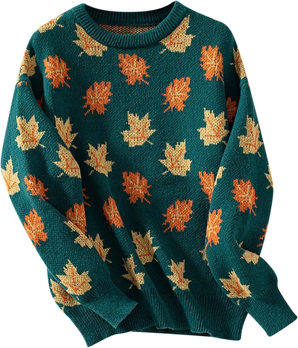 Fall Sweaters for Women 2024 Maple Leaf Print Knit Sweater Casual Crewneck Pullover Tops Fashion Cozy Ribbed Outfits