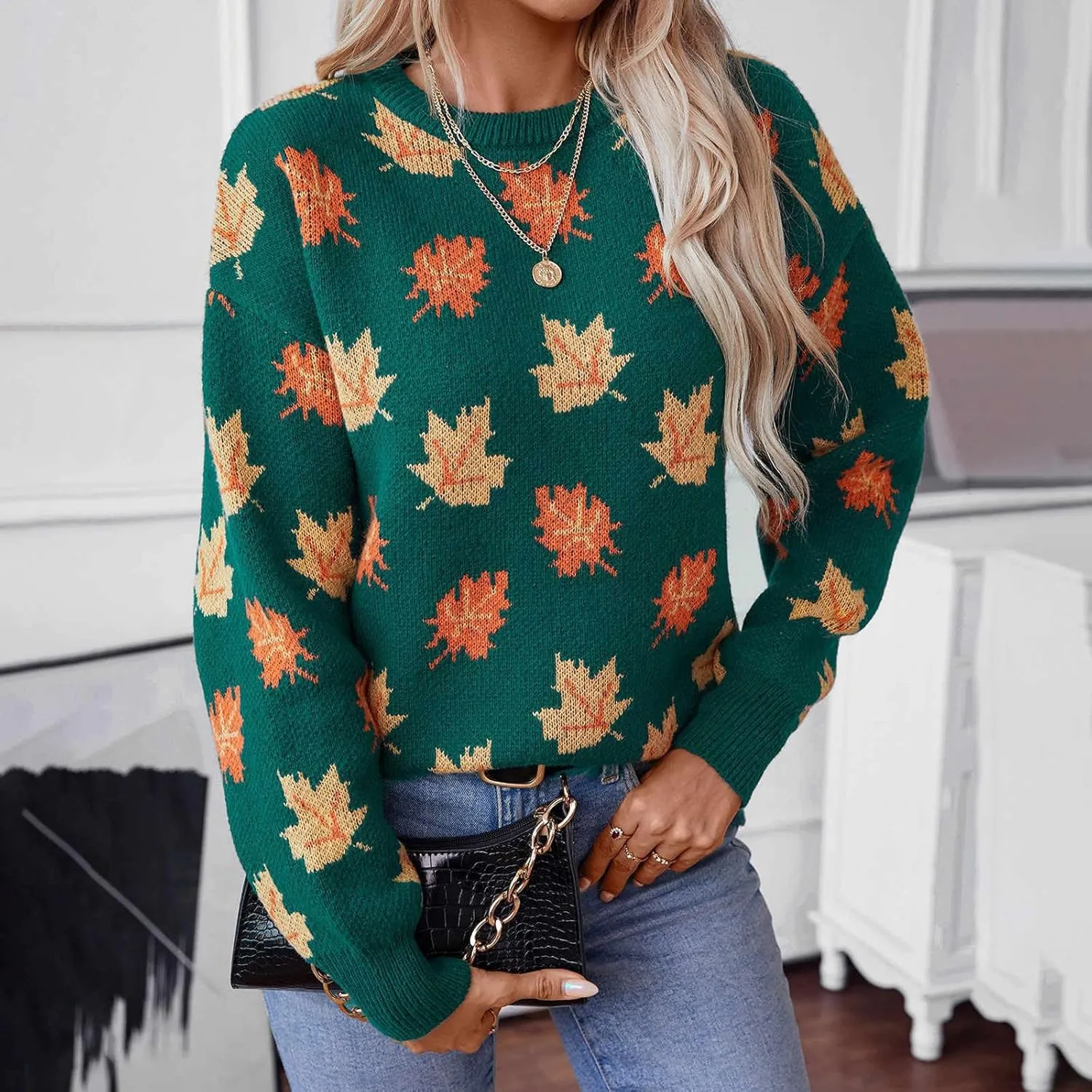 Fall Sweaters for Women 2024 Maple Leaf Print Knit Sweater Casual Crewneck Pullover Tops Fashion Cozy Ribbed Outfits